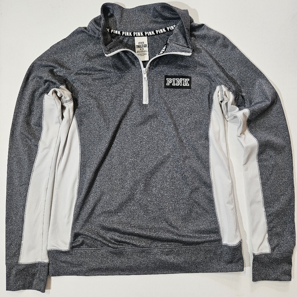 Pink Victoria Secret Ultimate Pullover Womens Medium Grey White 1/4 Zip Athletic